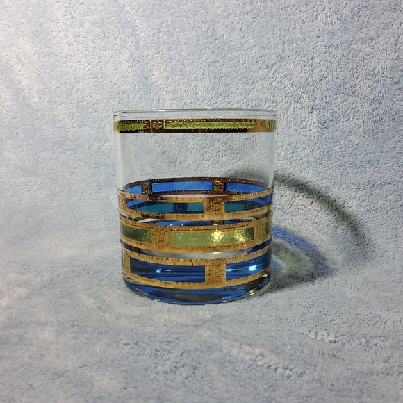 Vintage Culver Ltd Empress 22KT MCM Gold Blue Green Old Fashioned Rocks Glass - Picture 1 of 5